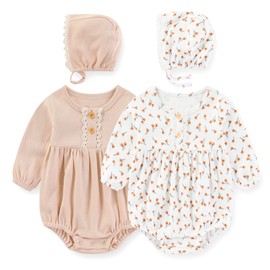 MAMIMAKA Newborn Baby Girl Bodysuit 4 Pack Cotton Bubble Rompers Infant Outfit Floral Long Short Sleeve Bodysuits, 3-6 Months