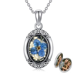 CUPENDA Vintage Locket Necklace for Women Sterling Silver Forget Me Not Flower Locket Necklace That Holds Pictures Mothers Day Jewelry Gifts for Women Mom