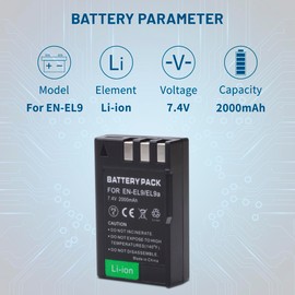 2-Pack EN-EL9 EN EL9a Batteries with USB-C Dual Charger Compatible with Nikon D40, D40x, D60, D3000, D5000 Digital SLR Cameras 2000mAh