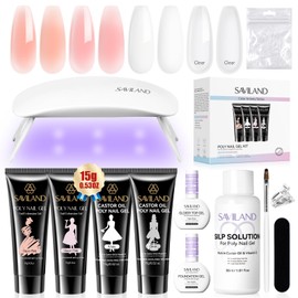 SAVILAND Poly Gel Nail Kit Starter: 4 Colors Natural Clear Poly Nail Gel with U V Lamp Slip Solution Quick Dry Nourish Nails 28 Days Durable DIY Salon Home Use