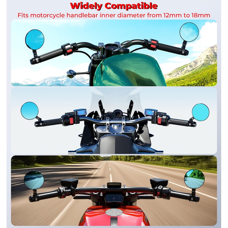 VAZESWIN Aluminum Alloy Rainproof Motorcycle Bar End Mirrors, CNC Machined
