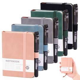 5pcs Pocket Notebook A7, Small Mini Notepad with Pens, Small Notebooks Pocket Size, Portable Leather Field Notes Journal Diary Lined Notebook with Elastic Band for School Office (200 Pages)