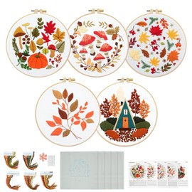 5 Sets Fall Embroidery Kit for Beginners Adults Embroidery Starter Kit Mushroom Maple Leaf Autumn Cross Stitch Kits Embroiderys Needlepoint Kits Include Instruction 2 Hoops Color Threads Needles