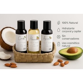 Herbolaria Selecta Set de Aceites Naturales Puros, Coco, Almendra y Aguacate, 60ml, Hidratante Corporal y Capilar, 100% Natural, con Canasto Artesanal, 3 Piezas