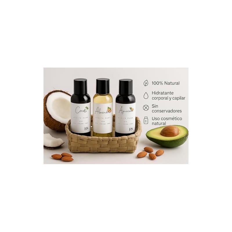 Herbolaria Selecta Set de Aceites Naturales Puros, Coco, Almendra y