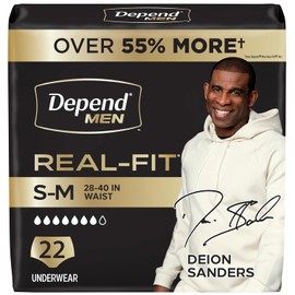 Depend Real Fit Incontinencia Ropa interior para hombres, Máxima absorción, desechable, pequeño/mediano, gris, 22 unidades (el embalaje puede variar)