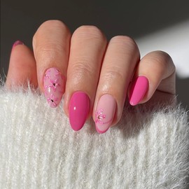 IMSOHOT Oval Press on Nails Pink Flower Short Fake Nails Glossy Acrylic Nail Supplies Cute Floral Round False Nails Spring Summer Glue on Nails for Women Girls 24Pcs Stick on Nails