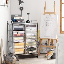 LUARANE Rolling Cart with 15 Drawers, Craft Storage Cart with Portable Handles & Lockable Wheels, Mobile Toys Organizer, Large Capacity Utility Drawer Cart Home Office School Teacher (Clear)