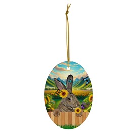 Farmhouse Fence-Themed Design with Playful Brown Flemish Giant Rabbit Christmas Ornaments 2024 Oval White Ceramic Farm Owner Gift