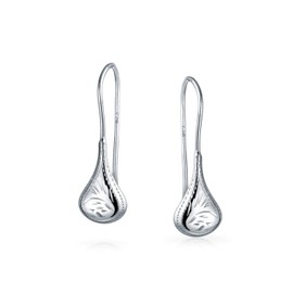 Carved Etched Puffed Pear Shaped Rain Drop Teardrop Earrings For Women Fishhook .925 Sterling Silver 1 Inch