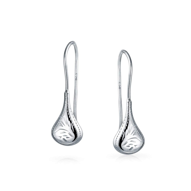 Carved Etched Puffed Pear Shaped Rain Drop Teardrop Earrings For