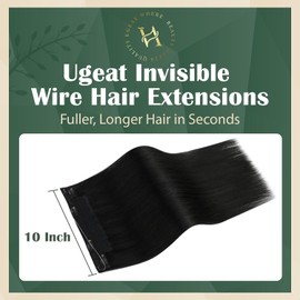 Ugeat Human Hair Extensions Wire Hair Jet Black Hairpiece Real Human Hair Extensions Transparent Line Human Hair Extension Remy Wire Hair Extensions for Women 95g 20 Inch