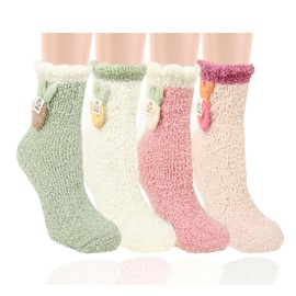 Benefeet Sox Fuzzy Socks for Women Cute Bunny Fluffy Socks Cozy Plush Super Soft Socks Winter Warm Comfy Slipper Socks Fleece Home Sleeping Socks Fuzzy Christmas Socks, 4 Pairs Bunny and Carrot