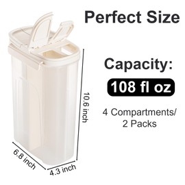 ZENFUN 2 Packs Airtight Pasta Containers, 108 FL OZ Plastic Storage Jars Canisters with 4 Compartments, Cereal Spaghetti Container Storage for Pantry, Grain, Noodles, Beans
