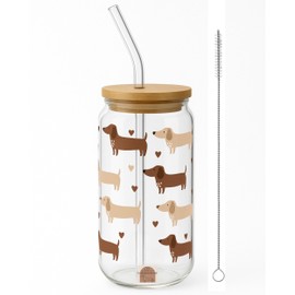 frechdachshund Dachshund Glass with Lid and Straw, 500 ml, Glasses with Wooden Lid, Drinking Glass with Straw and Bamboo Lid for Any Type of Hot and Cold Drinks