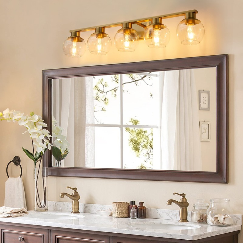 PAZALA Brushed Brass Bathroom Light Fixtures Over Mirror 5-Lights Vanity