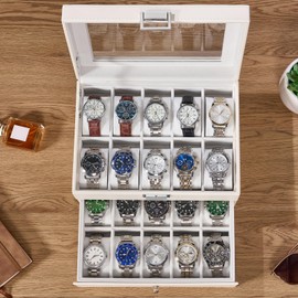BEWISHOME Watch Case, 20-Slot Watch Box for Men, 2-Layer Watch Display Case with Large Glass Lid Watch Storage Organizer Watch Holder with Removable Watch Pillows, White SSH04W