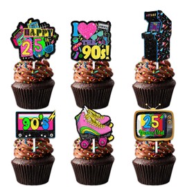 18pcs Glitter Dessert Cupcake Topper Pick for Retro Throwback I Love 90s and 25 Years Old Theme Decor Supplies Women Men Happy 25th Birthday Party Decorations