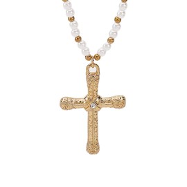 KONFEN Women Cross Pendant Necklace, Alloy Chain beads Cross Necklace, Vintage Double Cross Pendant with Rhinestone, Necklace Jewellery Gifts for Girls Women(3 Style, Gold/Silver)