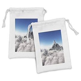 Ambesonne Mountain Fabric Pouch Set of 2, Highest Mountain Above the Clouds with Clear Sunny Sky Background Earth is Magic, Small Drawstring Bag for Toiletries Masks and Favors, 9" x 6", White Blue