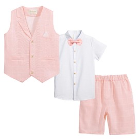 LOLANTA Summer Boys Suit Dress Clothes Kids Wedding Ring Bearer Outfit Gentleman 4Pcs Shirt Vest Shorts Set(Pink,4)