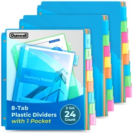 Dunwell 1-Pocket 8-Tab Divider Pockets, (3 Sets, 24 Count), 5 Colors, Plastic 8 Tab Subject Dividers for 3-Ring Binders, Includes Label Inserts, Durable Acid-Free Poly