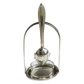 7" Silver-Plated Loose Tea Strainer Spoon And Holder With Glass Drip Cup