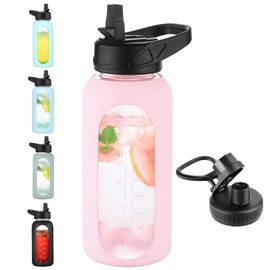 EALGRO 32 oz Glass Water Bottle with Straw and Handle, Sports Motivational Water Flask with Silicone Sleeve, Large Leakproof Water Flask Cup with Time Marker for Travel, Gym, Blush
