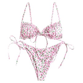 ZAFUL Ditsy Floral Frilled Tie Knot Front Strappy Bikini Sets Swimwear Pink