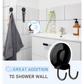 VIS'V Suction Cup Hooks, Black Shower Suction Hooks Bathroom Heavy Duty Vacuum Suction Cup Double Hooks Removable Reusable Suction Hanger Holders for Tile Wall Glass Door Window - 2 Pcs