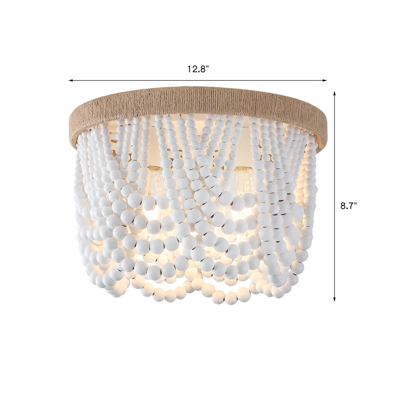 AMZASA White Boho Wood Beaded with Hemp Rope Flush Mount