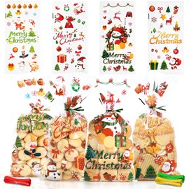 JMANNI 120 Pcs Christmas Cellophane Treat Bags, Clear Christmas Cellophane Sweet Candy Treat Bags, Santa Claus Bells Elk Pattern Party Bags for XMAS Party Supplies Decorations