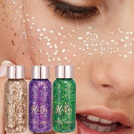 JMEDIC Gel con Purpurina Corporal, Brillo Ojos a Prueba Agua para niñas, 3 Piezas Purpurina holográfica para Festival, Lentejuelas Purpurina Facial para Cabello y Sombra Ojos