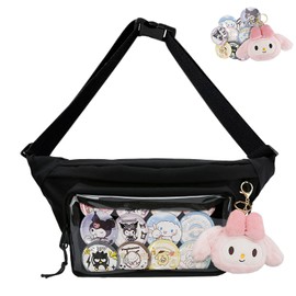 Fanny Pack Ita Bag Crossbody Kawaii Cute Pin Display Bag Messenger Japanese Waist Bags Ita Bag Clear Window Sling Bags for Women Lolita Pocket Chest Bag Purses for Women, black, Contemporary
