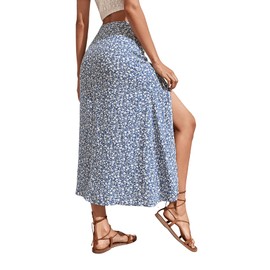 SweatyRocks Ditsy Falda midi de cintura alta con estampado floral para mujer, azul (Floral Blue), S