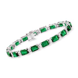 Ross-Simons 18.00 ct. t.w. Simulated Emerald and .80 ct. t.w. CZ Bracelet in Sterling Silver. 7 inches
