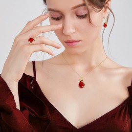 Ever Faith Women's Jewellery Sets Red Jewellery Sparkly Cubic Zirconia Birthstone Teardrop Necklace Earring Bracelet Ring Jewelry Sets for Women Birthday Gifts 4 PCS Gold-Tone