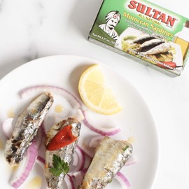 Sultan Moroccan Season Sardines in Olive Oil, 100% All-Natural, High Protein, No Additives, No Preservatives, Paleo, Carnivore, Keto Friendly, Zero Carb, Sealed Freshness 4.37oz