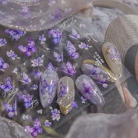 5D Embossed Purple Butterfly Nail Stickers Self-Adhesive Spring Summer Nail Art Stickers Holographic Butterfly Flower Design Nail Art Supplies Purple Nail Decals for Women Acrylic Nail Decorations