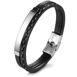 Suyi Men's Adjustable Bracelet Leather Wrap Bracelet Stainless Steel Cuff Bracelet Silver4