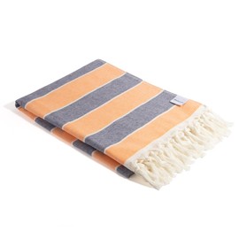 InfuseZen Terry Cloth Lined Turkish Towel with Colorful Striped Design, 100% Cotton Beach Peshtemal, Oversized Quick Dry Travel Pool Hammam (Orange/Navy)