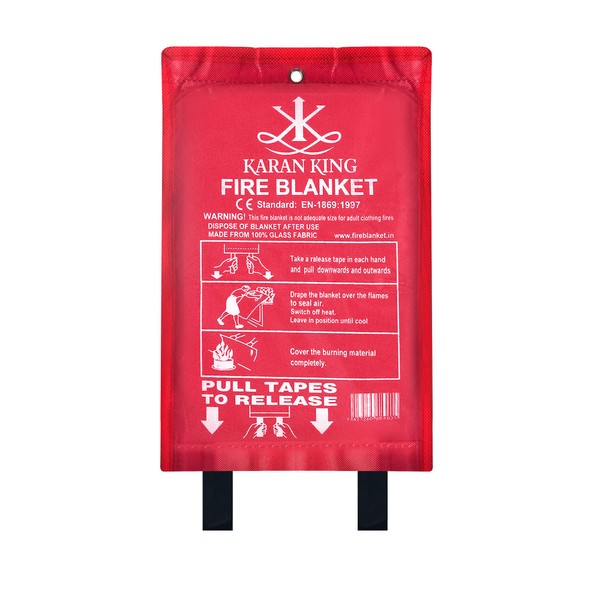 KARAN KING® - Fire Blanket - Flame - Retardant Safety Blanket for Home, Kitchen, Caravans, Garages - Heat-Resistant and Versatile Fire Protection Equipment (Large, Quick Unfolding, with Loops)