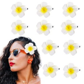 AWOCAN 10PCS Women Hawaiian Flower Hair Clips White Plumeria Flower Foam Hair Clip Balaclavas Beach Hair Clips Banana Clip for Thin Hair for Beach Bridal Wedding Party (yellow+white)