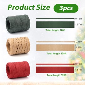 3 Rolls of Raffia Ribbon, 100 m Raffia Paper Ribbon, Christmas Raffia Ribbon for Gift Wrapping, DIY, Festival Decoration (Green, Red, Kraft Colour)