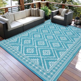 HOMERRY 8x10 Waterproof Outdoor Rug, Boho Outdoor Plastic Straw Rug for Camping, RV Mat Outside, Indoor Outdoor Carpet for Porch, Deck, Backyard, Balcony, Picnic, Teal & White