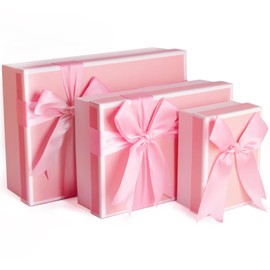 Gift Box with Lid for Present, Set of 3 Pink Gift Wrap Boxes with Ribbon, Assorted Box for Present, Durable Pre-Wrapped Gift Box