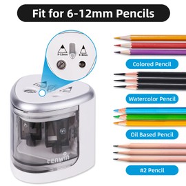tenwin Electric Pencil Sharpener for Colored Pencils, Battery Operated Pencil Sharpeners for No.2 and 6-12mm Pencils, Dual Hole for Office School Artists Adults Kids Use（Silver）