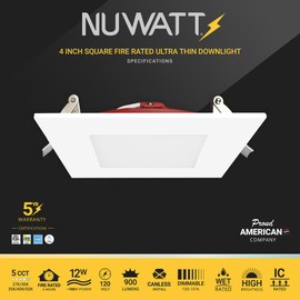 NUWATT 4 Inch 2 Hour FIRE Rated LED Recessed Light, 5CCT 2700K/3000K/3500K/4000K/5000K Selectable, 900 Lumen, Dimmable, IC Rated, Square Ultra-Thin Canless Downlight, No Tenmat Needed, UL ETL, 6 Pack