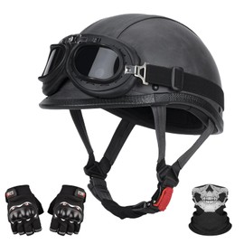 LNCHAO Handmade Leather Motorcycle Helmet Retro Half Face Helmet for Adults Men & Women, Lightweight Open Face 1/2 Vintage Helmets for Moped Cruiser Scooter Chopper DOT Approved (Grey, Small)