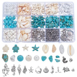 UNICRAFTALE 1 Box Antique Silver Starfish Pendants Conch Sea Shell Turtle Pendants Synthetic Turquoise Beads Ocean Animal Charms Marine Life Pendants for Summer Beach Necklace Bracelet Jewelry Making